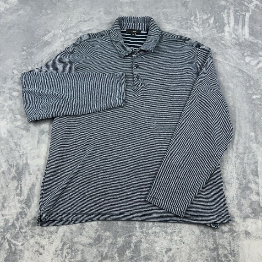 Vince Polo Shirt Mens Sz L Blue Micro Stripe Long Sleeve Knit Cotton